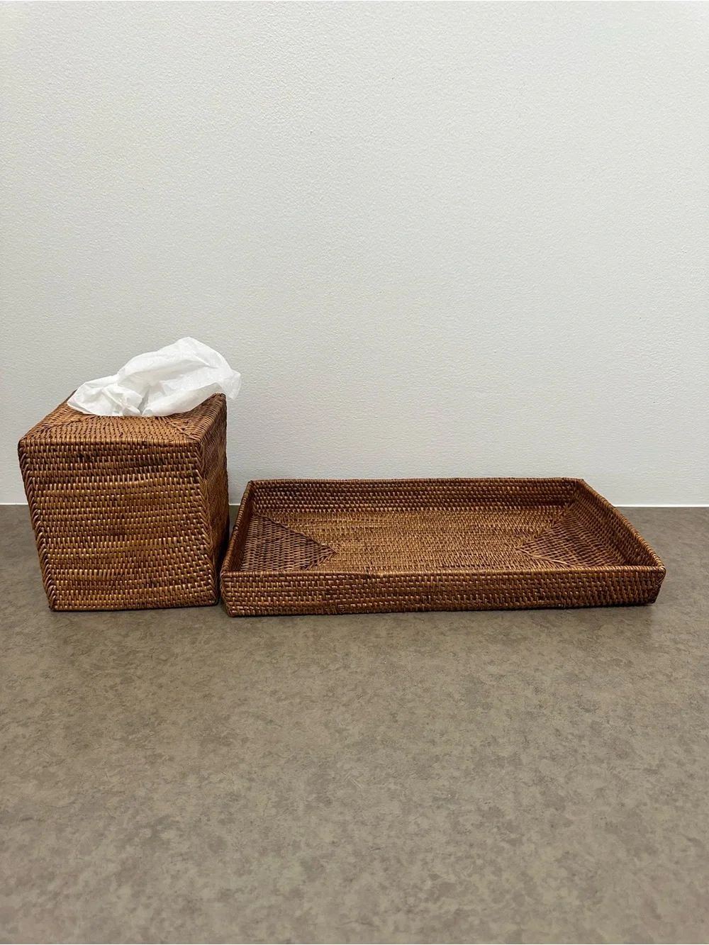 Woven Rattan Tissue Box Holder Cover & Tray Set - Natural Earthy Brown Classy